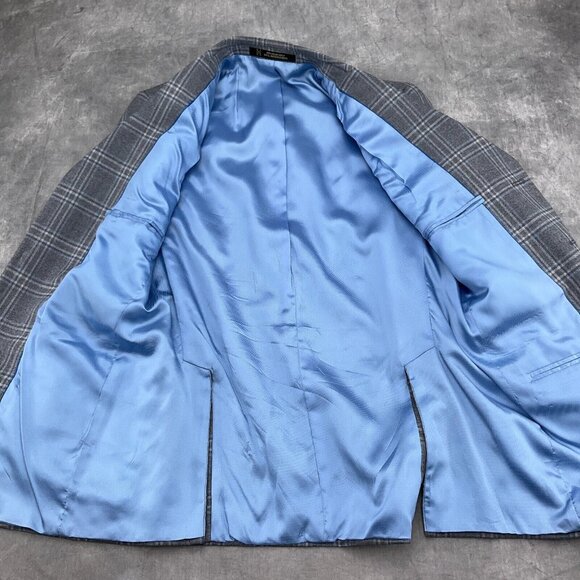 Unbranded Blazer Men 40 Gray Blue Windowpane Plaid Classic Wool Jacket Chile - Picture 10 of 12